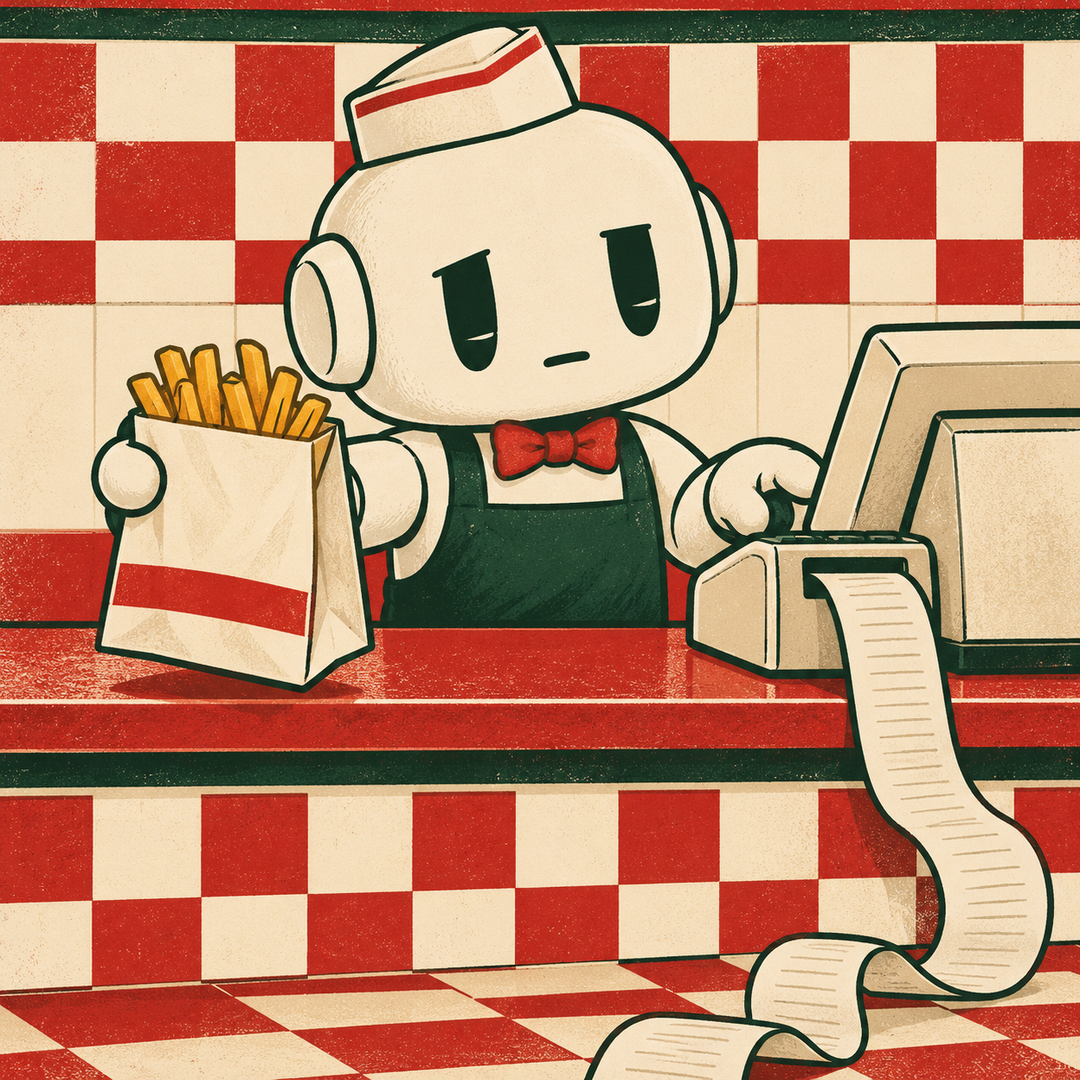 A little white robot working its first shift at a burger restaurant